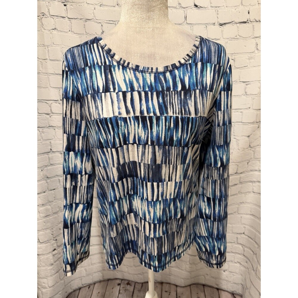 Weekends by Chico's Blue And White Geometric Top Long Sleeve Size 1 Medium